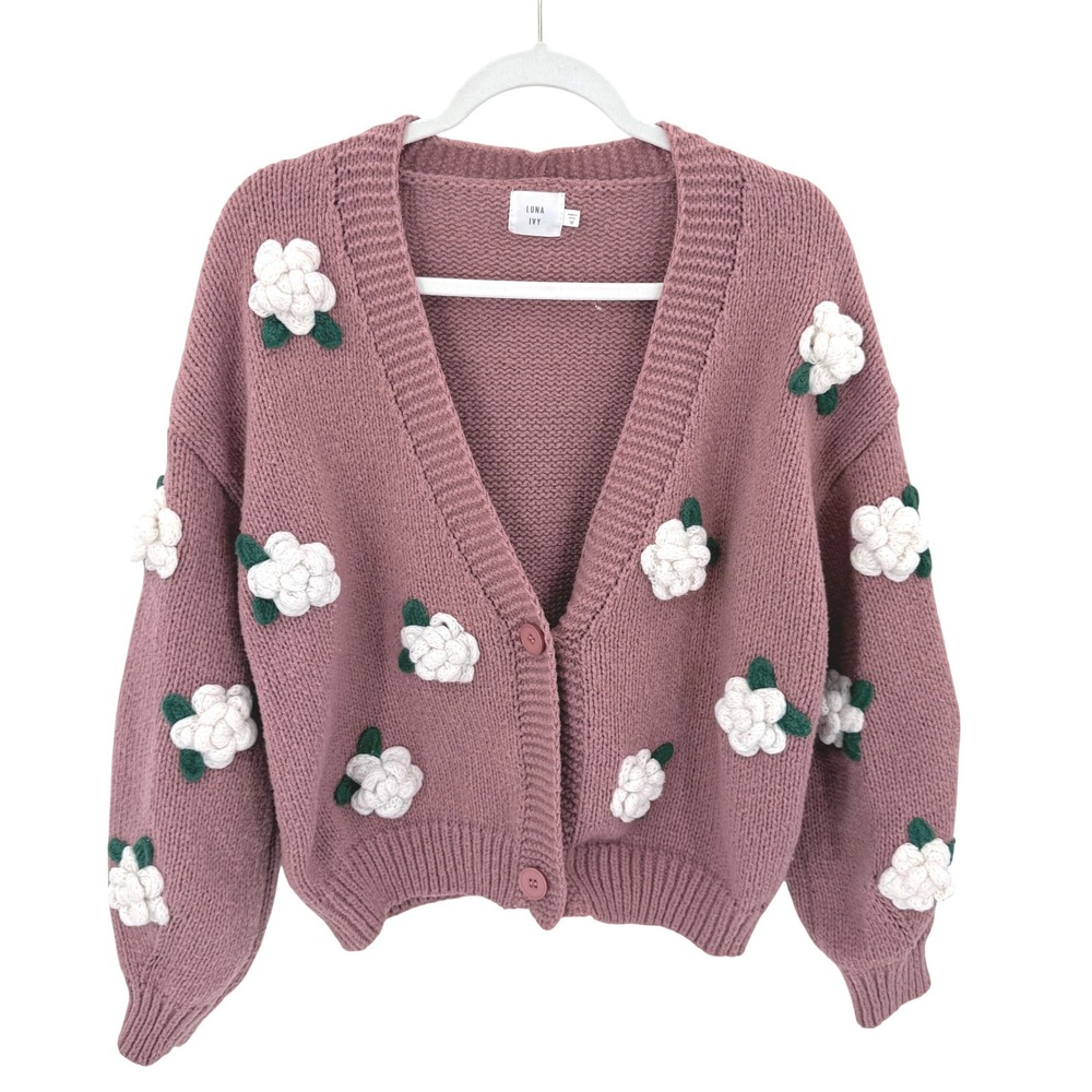 Luna Ivy Dusty Rose Pink 3D Floral Applique Chunky Knit Cardigan Sweater M